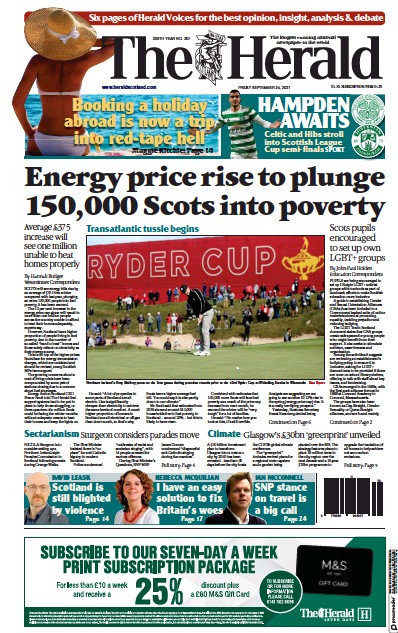 The Herald Newspaper Front Page (UK) for 24 September 2021