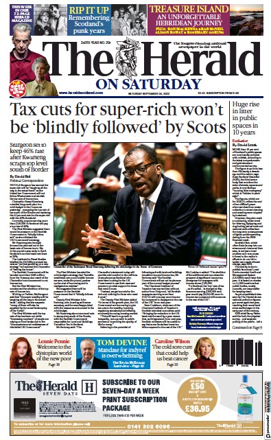 The Herald Newspaper Front Page (UK) for 24 September 2022