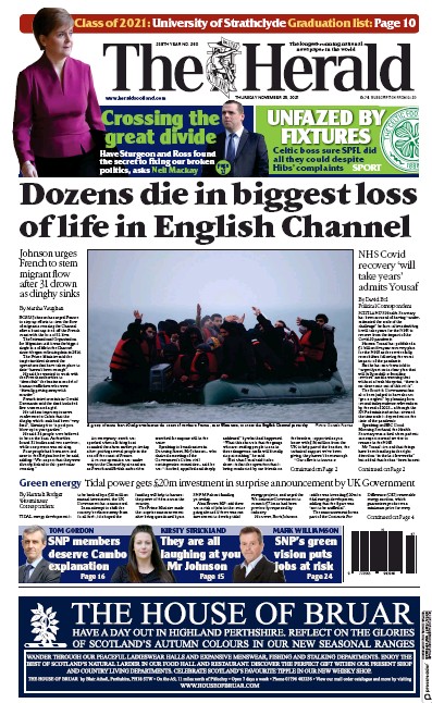 The Herald Newspaper Front Page (UK) for 25 November 2021