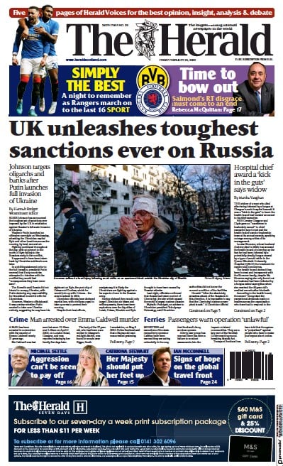 The Herald Newspaper Front Page (UK) for 25 February 2022