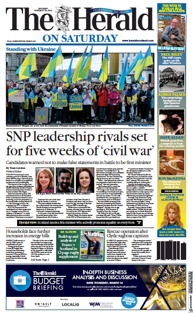 The Herald Newspaper Front Page (UK) for 25 February 2023