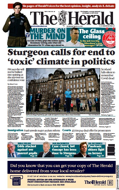 The Herald Newspaper Front Page (UK) for 25 March 2021