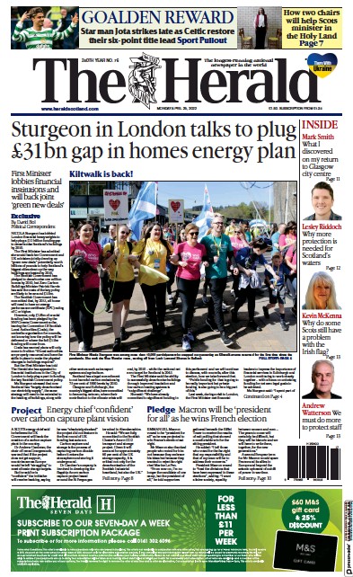 The Herald Newspaper Front Page (UK) for 25 April 2022