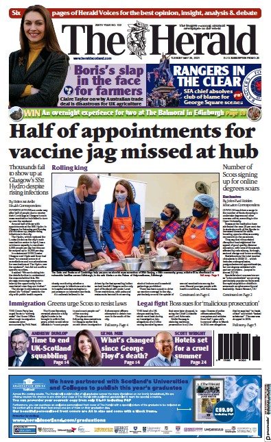 The Herald Newspaper Front Page (UK) for 25 May 2021