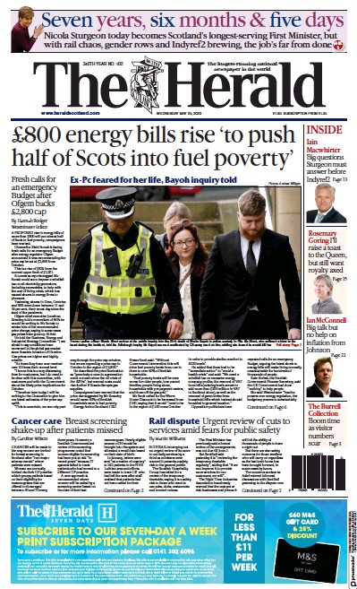 The Herald Newspaper Front Page (UK) for 25 May 2022