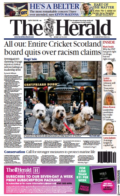The Herald Newspaper Front Page (UK) for 25 July 2022