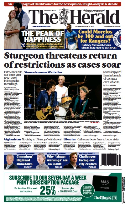 The Herald Newspaper Front Page (UK) for 25 August 2021