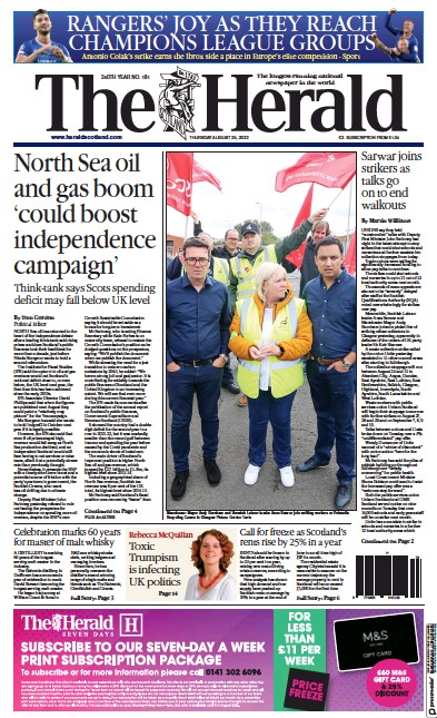 The Herald Newspaper Front Page (UK) for 25 August 2022