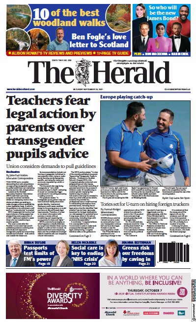 The Herald Newspaper Front Page (UK) for 25 September 2021