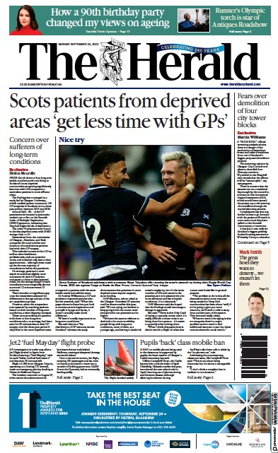 The Herald Newspaper Front Page (UK) for 25 September 2023