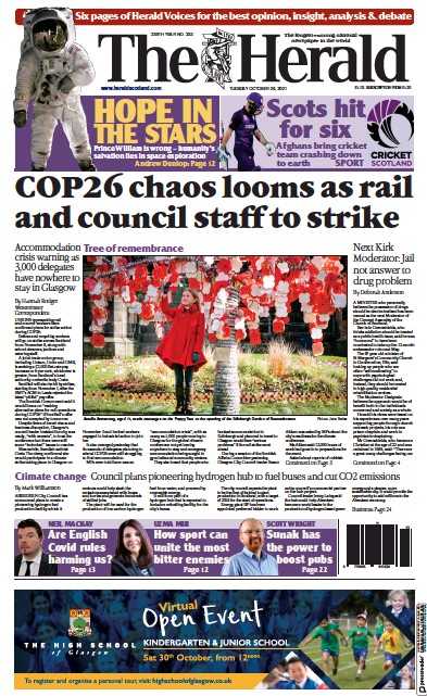 The Herald Newspaper Front Page (UK) for 26 October 2021