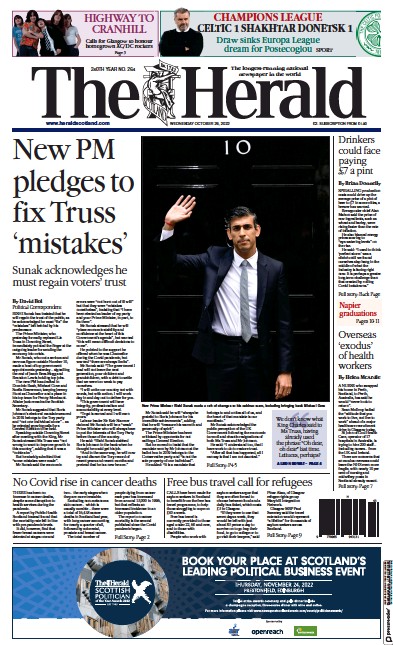 The Herald Newspaper Front Page (UK) for 26 October 2022