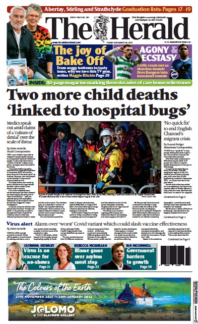 The Herald Newspaper Front Page (UK) for 26 November 2021