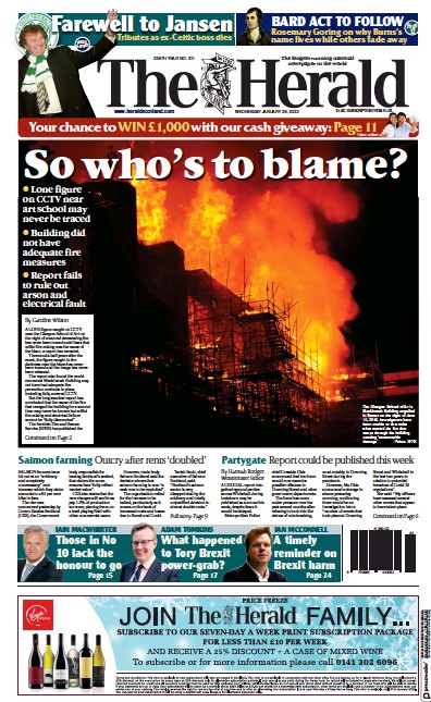 The Herald Newspaper Front Page (UK) for 26 January 2022