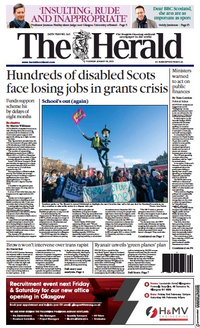 The Herald Newspaper Front Page (UK) for 26 January 2023