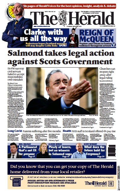 The Herald Newspaper Front Page (UK) for 26 March 2021