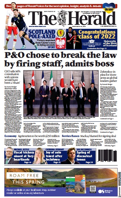 The Herald Newspaper Front Page (UK) for 26 March 2022