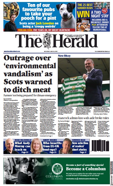The Herald Newspaper Front Page (UK) for 26 June 2021