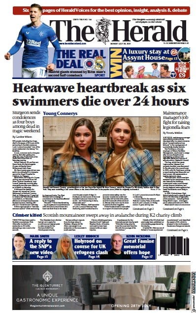 The Herald Newspaper Front Page (UK) for 26 July 2021