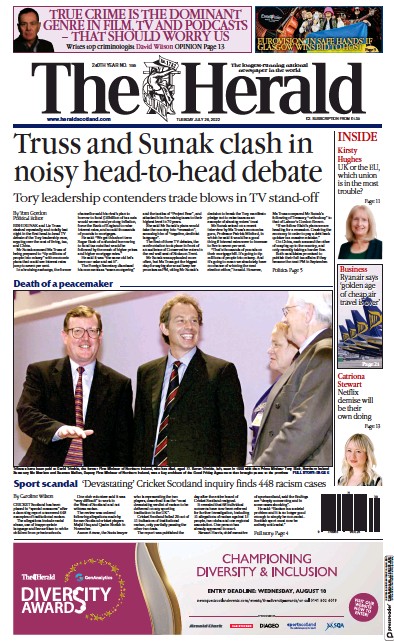 The Herald Newspaper Front Page (UK) for 26 July 2022