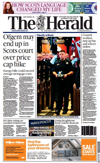 The Herald Newspaper Front Page (UK) for 26 August 2022