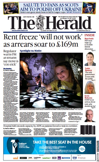 The Herald Newspaper Front Page (UK) for 26 September 2022
