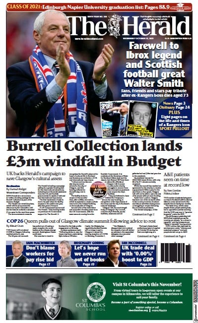 The Herald Newspaper Front Page (UK) for 27 October 2021