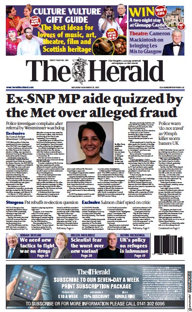 The Herald Newspaper Front Page (UK) for 27 November 2021