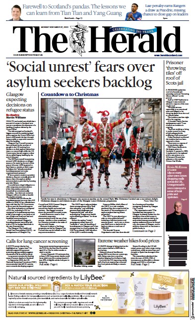 The Herald Newspaper Front Page (UK) for 27 November 2023