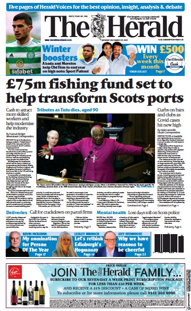 The Herald Newspaper Front Page (UK) for 27 December 2021
