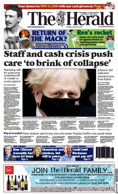 The Herald Newspaper Front Page (UK) for 27 January 2022
