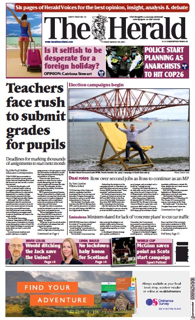 The Herald Newspaper Front Page (UK) for 27 March 2021