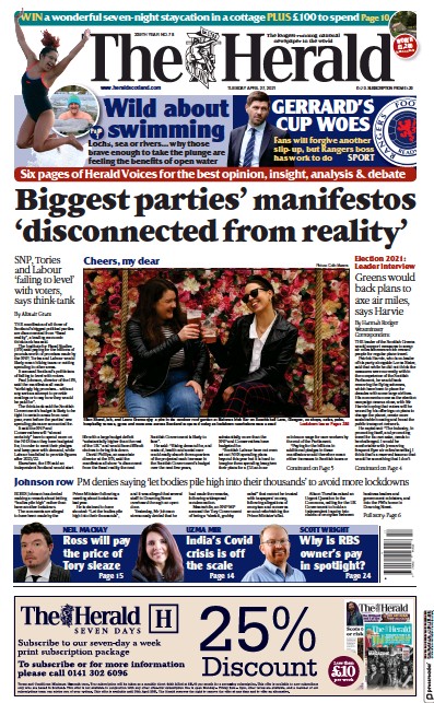 The Herald Newspaper Front Page (UK) for 27 April 2021