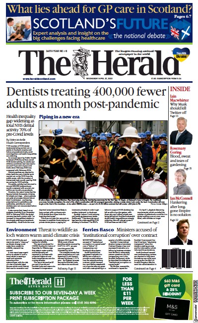 The Herald Newspaper Front Page (UK) for 27 April 2022