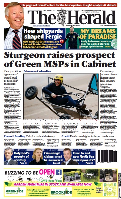 The Herald Newspaper Front Page (UK) for 27 May 2021