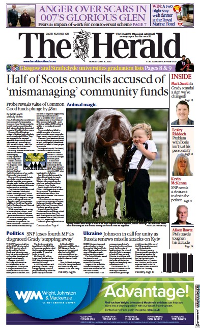 The Herald Newspaper Front Page (UK) for 27 June 2022