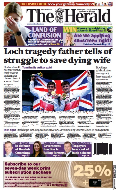 The Herald Newspaper Front Page (UK) for 27 July 2021