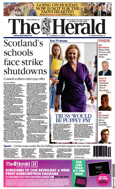 The Herald Newspaper Front Page (UK) for 27 July 2022
