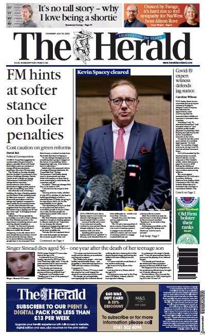 The Herald Newspaper Front Page (UK) for 27 July 2023