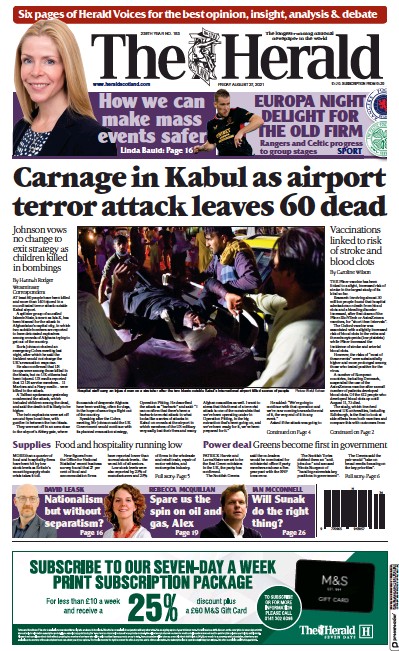The Herald Newspaper Front Page (UK) for 27 August 2021