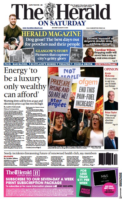 The Herald Newspaper Front Page (UK) for 27 August 2022