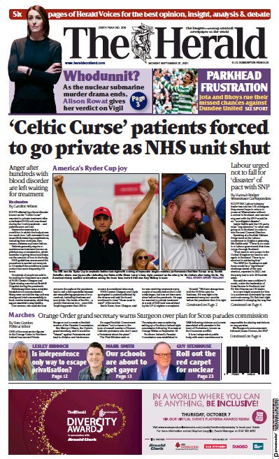 The Herald Newspaper Front Page (UK) for 27 September 2021