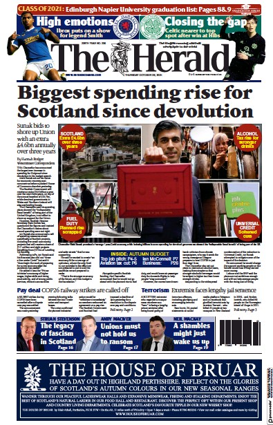 The Herald Newspaper Front Page (UK) for 28 October 2021