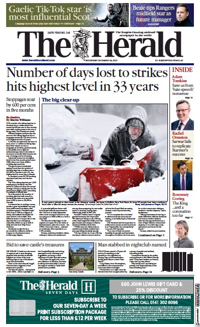 The Herald Newspaper Front Page (UK) for 28 December 2022