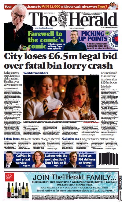 The Herald Newspaper Front Page (UK) for 28 January 2022