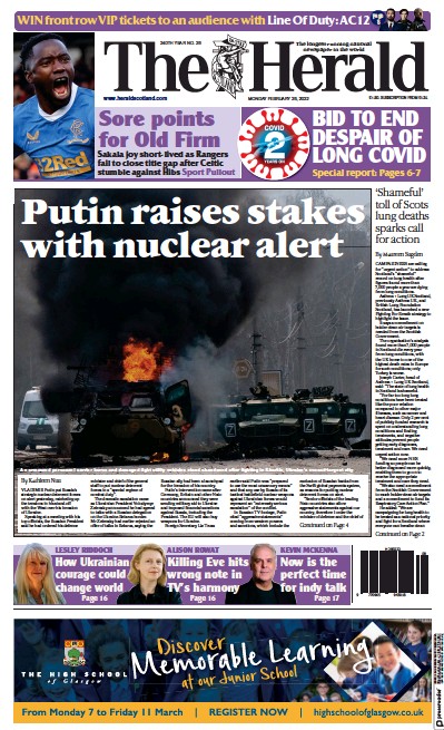 The Herald Newspaper Front Page (UK) for 28 February 2022