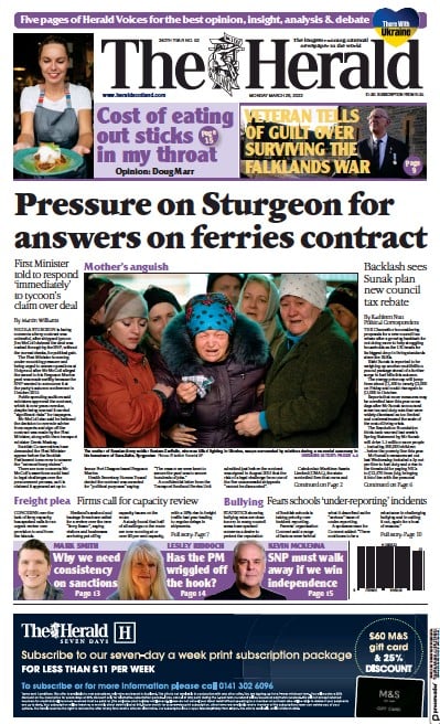 The Herald Newspaper Front Page (UK) for 28 March 2022
