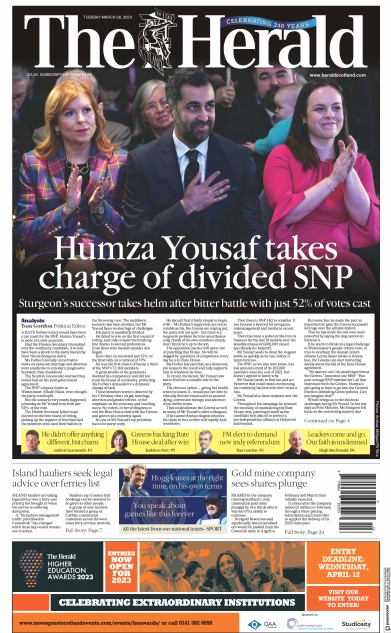 The Herald Newspaper Front Page (UK) for 28 March 2023