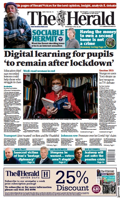 The Herald Newspaper Front Page (UK) for 28 April 2021