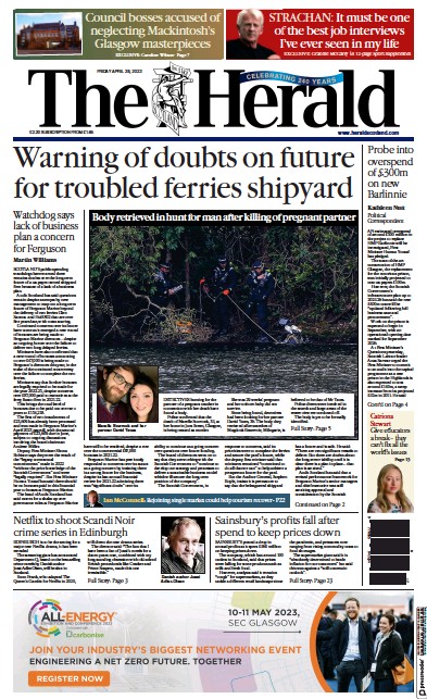 The Herald Newspaper Front Page (UK) for 28 April 2023